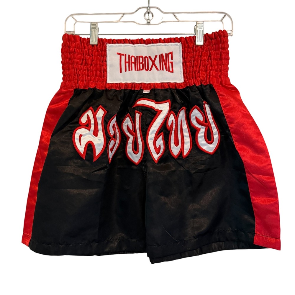 Thai Boxing Muay Thai Shorts Black Red Satin Embroidered Large MMA Kickboxing